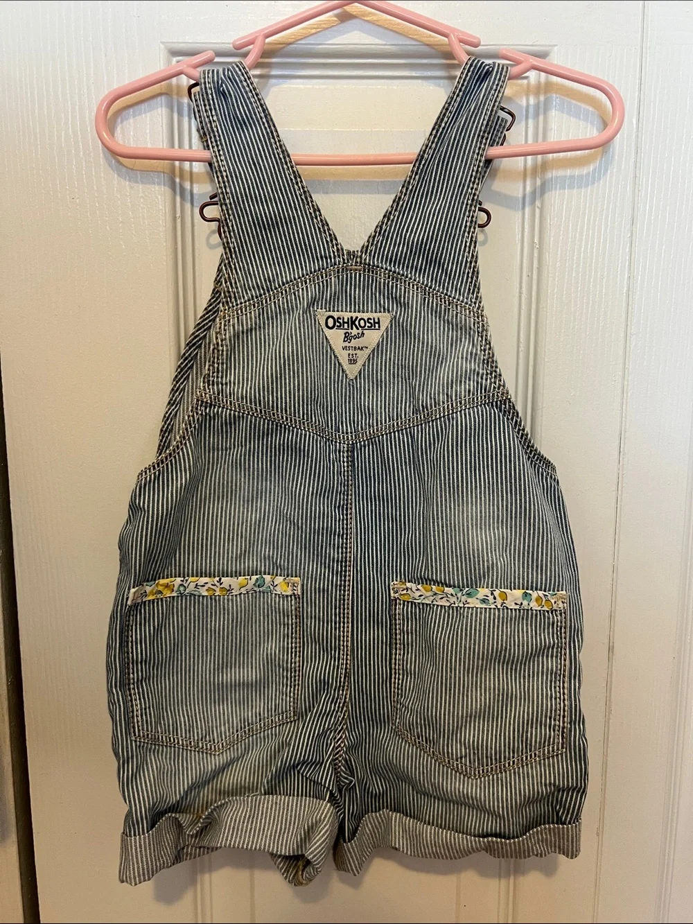 OshKosh B'gosh Blue and White Pinstripe Short Overalls with Yellow Floral Trim